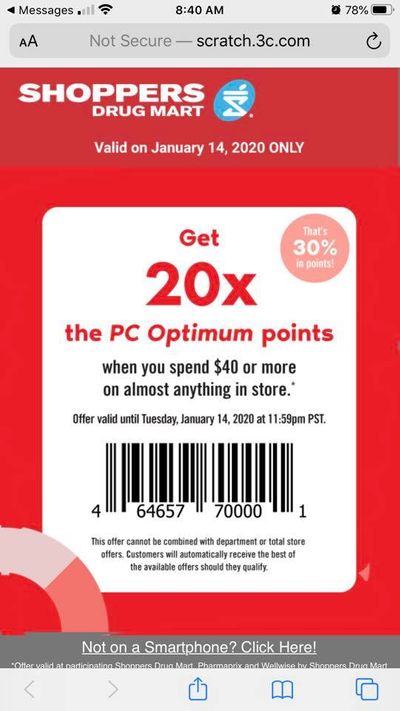 Shoppers Drug Mart Canada Tuesday Text Offer: Get 20x The PC Optimum Points When You Spend $40 or More