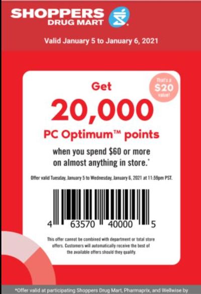 Shoppers Drug Mart Canada Tuesday Text Offer: Get 20,000 PC Optimum Points When You Spend $60