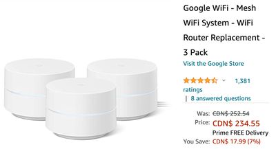 Amazon Canada Deals: Get Google WiFi – Mesh WiFi System – WiFi Router Replacement – 3 Pack, for $234.55