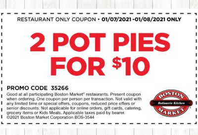 Two Days Only: Rotisserie Rewards Members Check Your Inbox for a Boston Market 2 Pot Pies for $10 Coupon 