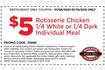 Boston Market's Rotisserie Rewards Members: Check Your Inbox for a $5 Rotisserie Chicken Meal Coupon 