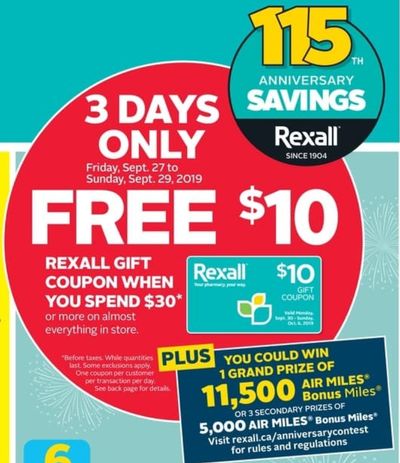 Rexall Pharma Plus Drugstore Canada Coupon & Flyers Deals: FREE $10 Card With $30 Purchase + More