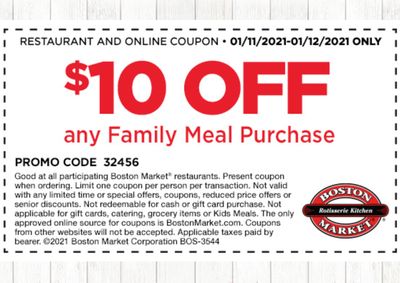 Two Days Only: Rotisserie Rewards Members Check Your Inbox for a $10 Off Coupon with Family Meal Purchase at Boston Market