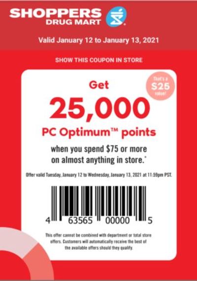 Shoppers Drug Mart Canada Tuesday Text Offer: Get 25,000 PC Optimum Points When You Spend $75