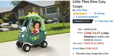 Amazon Canada Deals: Save 50% on Little Tikes Dino Cozy Coupe + 31% on Little Tikes 3′ Trampoline