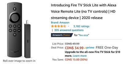 Amazon Canada Deals: Save 30% on Introducing Fire TV Stick Lite with Alexa Voice Remote Lite