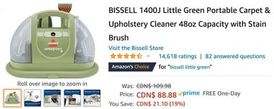 Amazon Canada Deals: Save 19% on BISSELL Little Green Portable Carpet & Upholstery Cleaner + 44% on Blackhead Vacuum Remover + More Offers