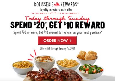 January 15, 16 and 17 Only: Boston Market Offers Rotisserie Rewards Members a $10 Reward With a $20+ Purchase