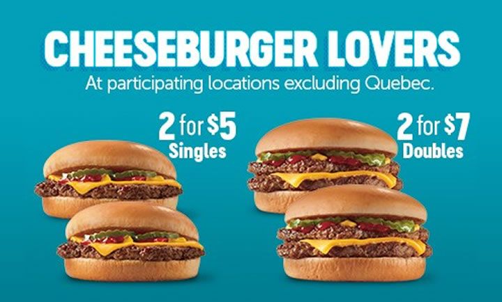 Get 2 cheeseburgers for $5 or 2 double cheeseburgers for $7 at Dairy Queen Get 2 cheeseburgers for $5 or 2 double cheeseburgers for $7 at Dairy Queen