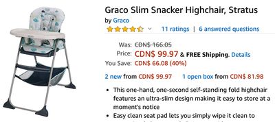 Amazon Canada Deals: Save 40% on Graco Slim Snacker Highchair, Stratus + 20% on Summer Infant Modern Home Gate