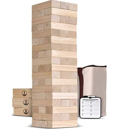 GoSports Giant Wooden Toppling Tower (Stacks to 5+ Feet) | Choose Between Natural, Brown Stain or Gray Stain | Includes Bonus Rules with Gameboard | Made from Premium Pine For $90.55 At Amazon Canada