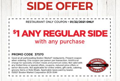 One Day Only: Rotisserie Rewards Members Can Receive 1 Regular Side for $1 with Purchase at Boston Market
