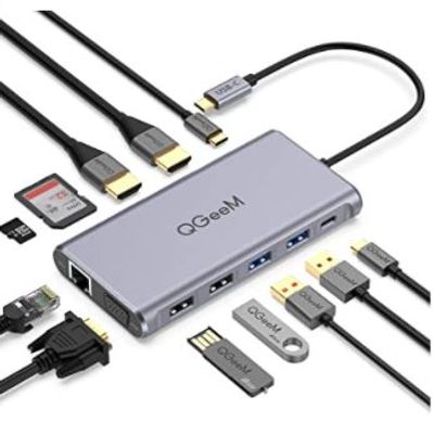 USB C Hub, QGeeM 12 in 1 Triple Display USB Type-c Hub,USB C Docking Station with 4K Dual HDMI, 1080P VGA,100W PD, Ethernet,USB C to USB 3.0, Card Reader, USB-C Data Compatible with MacBook,USB C Dock For $89.99 At Amazon Canada