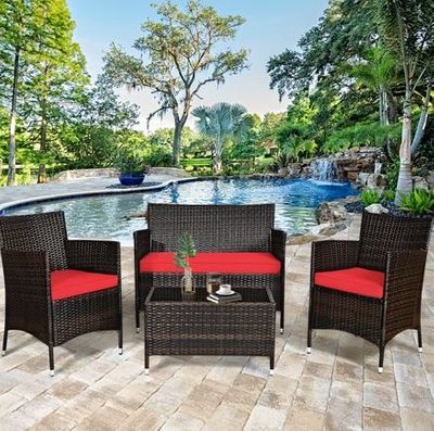 Gymax 4PCS Patio Rattan Conversation Furniture Set Outdoor w/ Red Cushion For $369.99 At Walmart Canada