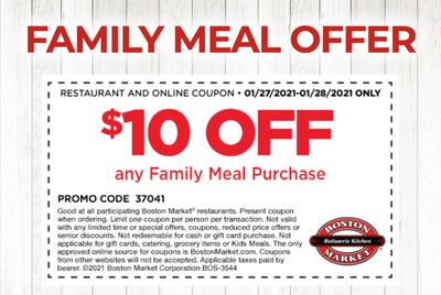 January 27 and 28 Only: Boston Market Offers Rotisserie Rewards Members $10 Off a Family Meal Purchase
