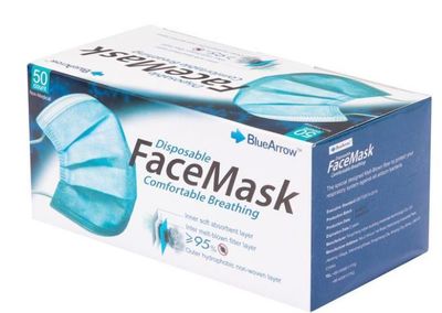 Blue Arrow Disposable 3-Layers Face Mask in Blue Color, Size: 6.10" x 4.13", 50 pcs per Box For $16.99 At Newegg Canada