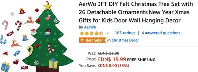 Amazon Canada Deals: Save 33% on AerWo 3FT DIY Felt Christmas Tree Set with 26 Detachable Ornaments + More Deals