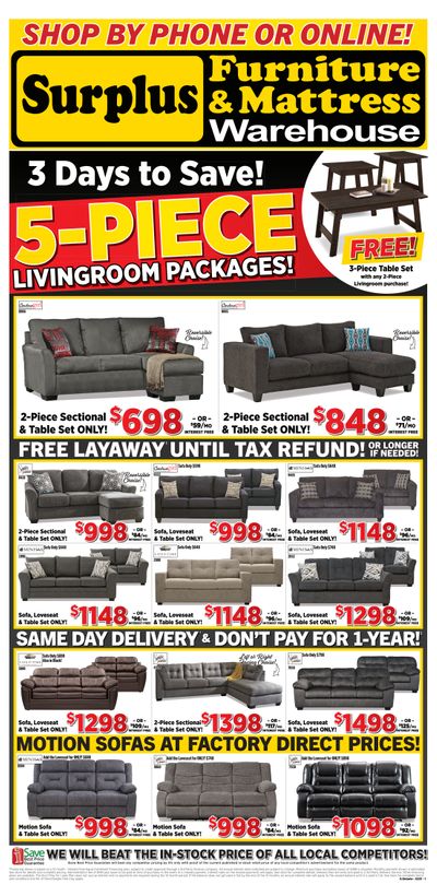 Surplus Furniture & Mattress Warehouse (Barrie) Flyer February 1 to 7 Surplus Furniture & Mattress Warehouse (Barrie) Flyer February 1 to 7