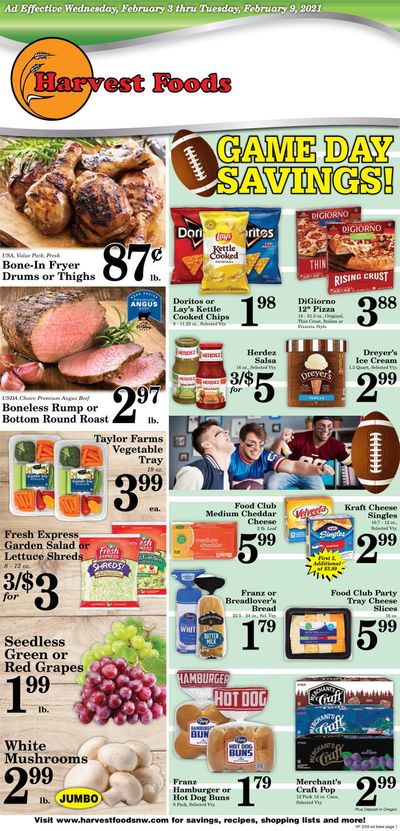 Harvest Foods Big Game Day Sale Weekly Ad Flyer February 3 to February 9, 2021