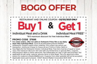 February 3 Only: Rotisserie Rewards Members Have Just Received a New Boston Market BOGO Individual Meal Coupon