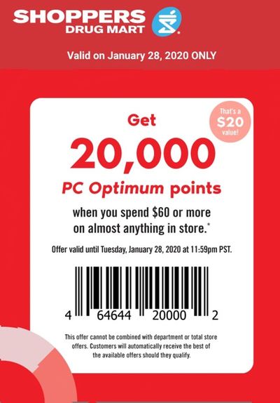Shoppers Drug Mart Canada Tuesday Text Offer: 20,000 PC Optimum Points When You Spend $60