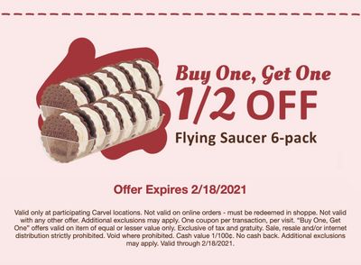 Fudgie Fanatics, Check Your Inbox for a New Buy One Get One Half Off Flying Saucer Coupon at Carvel