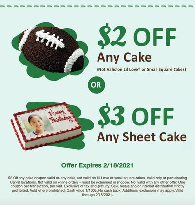 Receive $2 Off a Carvel Cake or $3 Off a Carvel Sheet Cake Through to February 18 with a New Carvel Coupon