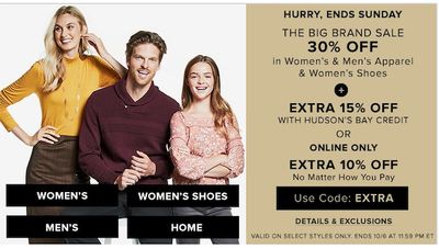 Hudson’s Bay Canada Big Brand Sale: Save 30% off Women’s & Men’s Apparel & Women’s Shoes + EXTEA 10% – 15% with Coupon Code