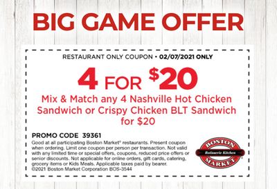 Get 4 Nashville Hot or Crispy Chicken BLT Sandwiches for $20 In-Restaurant at Boston Market on February 7