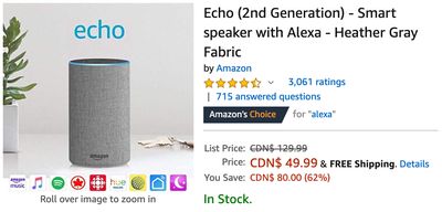 Amazon Canada HOT Deals: Save 62% off Echo (2nd Generation) – Smart Speaker with Alexa – Heather Gray Fabric