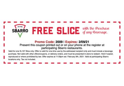 Slice Society Members Check Your Inbox: Get a Free XL NY Slice with Drink Purchase from Sbarro Pizza with a New Coupon