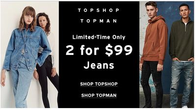 Hudson’s Bay Canada Topshop & Topman Sale: Jeans 2 for $99 + Extra 15% off with Coupon Code