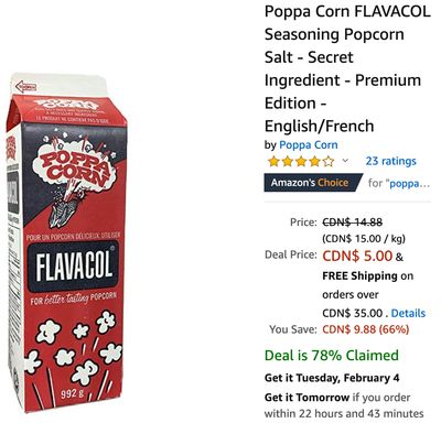 Amazon Canada Deals: Save 66% on Poppa Corn FLAVACOL Seasoning Popcorn + 56% on Champion Men’s Nylon Warm-Up Jacket