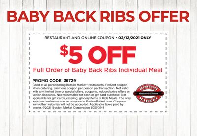 February 12 Only: Rotisserie Rewards Members Check Your Inbox for $5 Off a Full Order of Baby Back Ribs at Boston Market