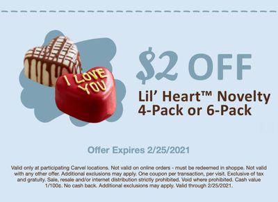Get $2 Off a Novelty 4 or 6-Pack of Lil' Hearts at Carvel Through to February 25 with a New Coupon