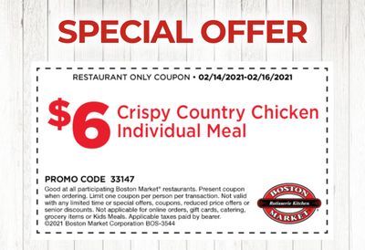 Rotisserie Rewards Members Can Get a $6 Crispy Country Chicken Individual Meal from February 14 to 16 at Boston Market 