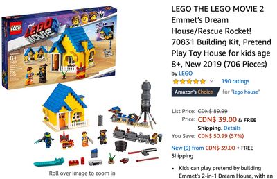 Amazon Canada Deals: Save 57% off  LEGO THE LEGO MOVIE 2 Emmet’s Dream House/Rescue Rocket! + 44% on LEGO City Great Vehicles Pizza Van