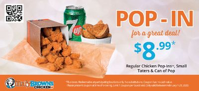 Mary Brown’s Chicken & Taters Canada February Coupon: Get Regular Chicken Pop-Ins, Small Taters & Can of Pop for $8.99.