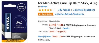 Amazon Canada Deals: Save 54% on Niva Active Care Lip Balm Stick for Men, for $1.00