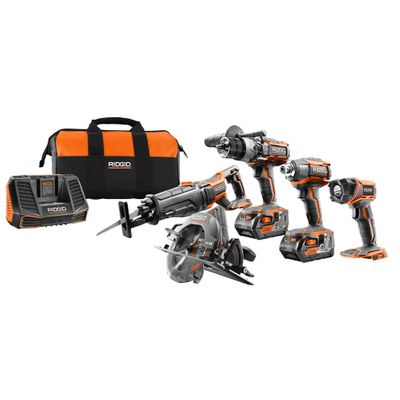 RIDGID 18V Lithium-Ion Cordless Combo Kit (5-Tool) w/ (2) 4.0 Ah Batteries, 18V Charger & Contractor's Bag on Sale for $397.00 at The Home Depot Canada
