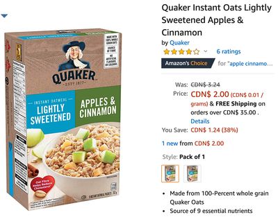 Amazon Canada Deals: Save 38% on Quaker Instant Oatmeal 8 Packets for $2.00
