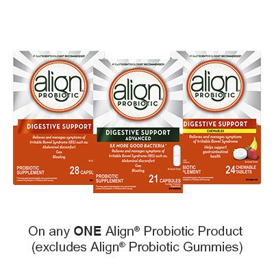 Save $3.00 when you buy any ONE AlignProbiotic Product (excludes Align Probiotic Gummies and trial/travel size, value/gift/bonus packs) Save $3.00 when you buy any ONE AlignProbiotic Product (excludes Align Probiotic Gummies and trial/travel size, value/gift/bonus packs)