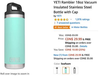 Amazon Canada Deals: Save 25% on YETI Rambler 18oz Vacuum Insulated Stainless Steel Bottle with Cap