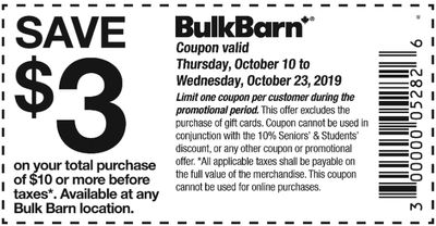 Bulk Barn Canada Coupon: Save $3 off $10 Purchase, October 10 - 23