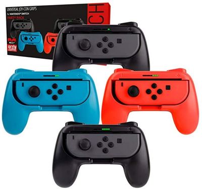 Switch Controller Grips (Party Pack of 4X Orzly Grip Attachments, Super Smash Bros Switch Compatible, for Nintendo Switch JoyCon Controllers) Four Grips (1x Red, 1x Blue, 2X Black) For $24.99 At Amazon Canada