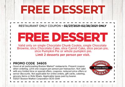 February 27 and 28 Only: Get Free Desserts this Weekend at Boston Market