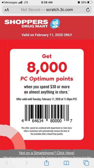 Shoppers Drug Mart Tuesday Text Offer: Get 8,000 PC Optimum Points When You Spend $30