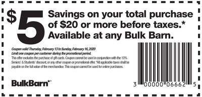 Bulk Barn Canada Coupon: Save $5 off $20, February 13 - 16