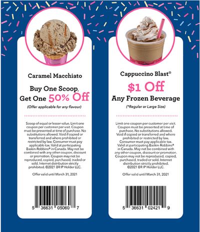 Baskin Robbins Canada Coupons: BOGO 50% Off Scoops, Save $1.00 off Any Frozen Beverage