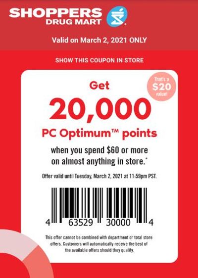 Shoppers Drug Mart Canada Tuesday Text Offer: Get 20,000 Points When You Spend $60